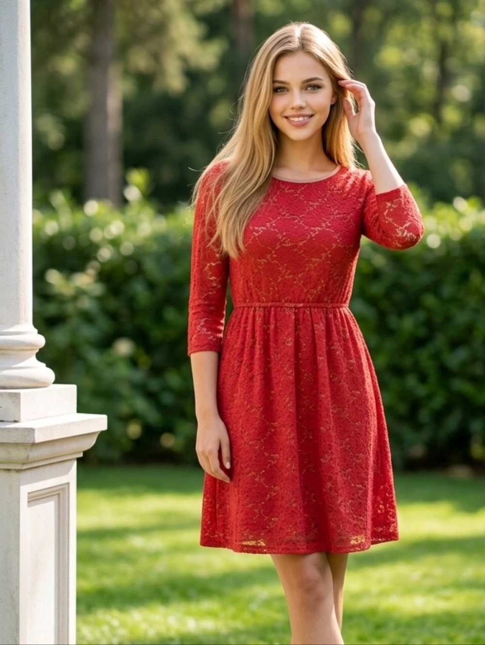 GB Juniors M Red Floral Lace Fit Flare Dress Gold Trim Holiday Cocktail Mini